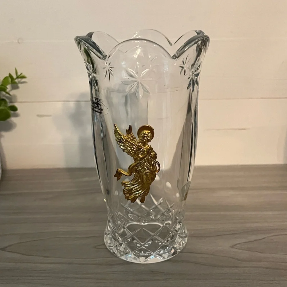 VTG Teleflora Heavy Bohemian Lead Crystal Hurricane Candle Holder Golden Angel